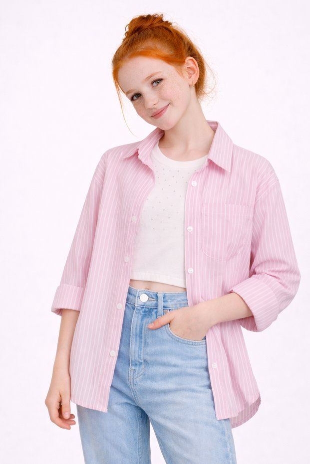 Girl's Striped Stone Cropped Badge Shirt Set Ak2606