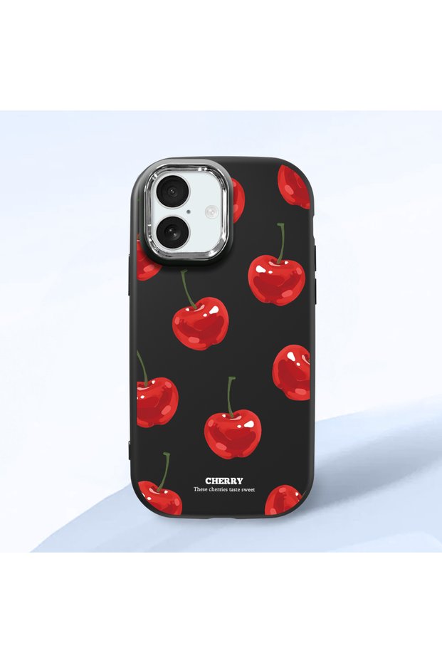 iPhone 17 Compatible Shock-Absorbing Camera Protected Black Silicone Case Cherry Patterned