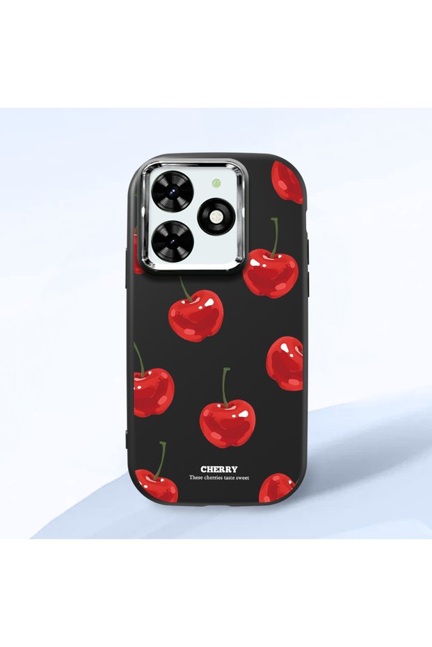 حافظة سيليكون سوداء متوافقة مع هاتف Tecno Spark Go 2024(BG6) مزودة بـ ماصّ للصدمات كاميرات واقية من الكرز منقوش