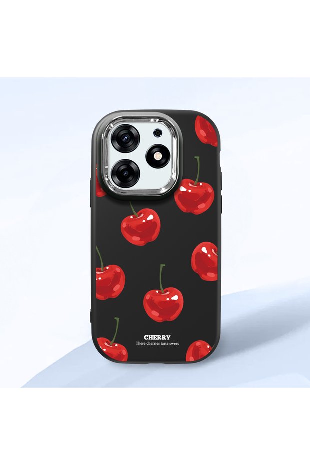 Tecno Spark 10 Pro(Ki7) Compatible Shock-Absorbing Camera Protected Black Silicone Case Cherry Patterned