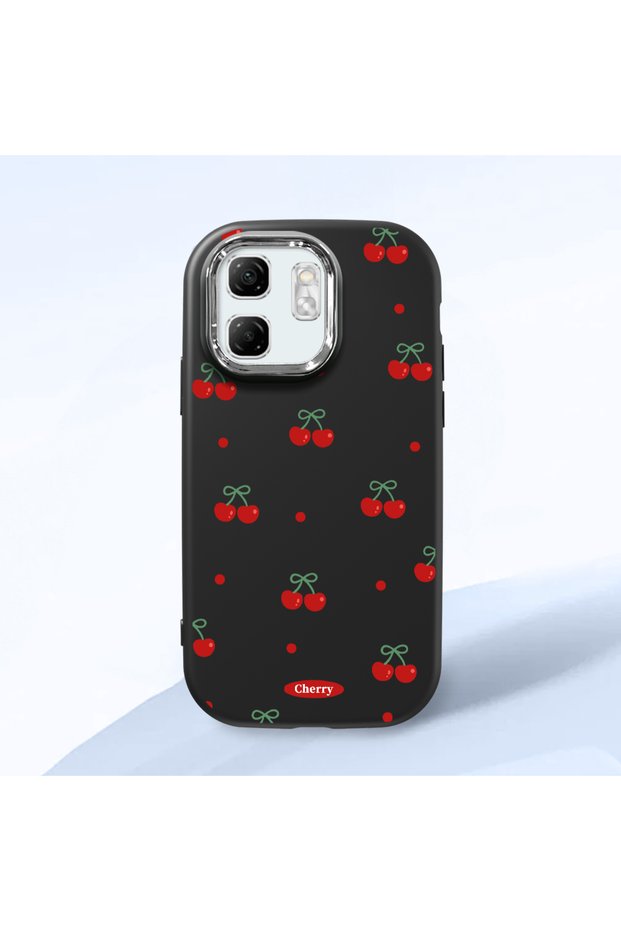 Infinix Smart 9 Compatible Shock-Absorbing Camera Protected Black Silicone Case Cherry Patterned