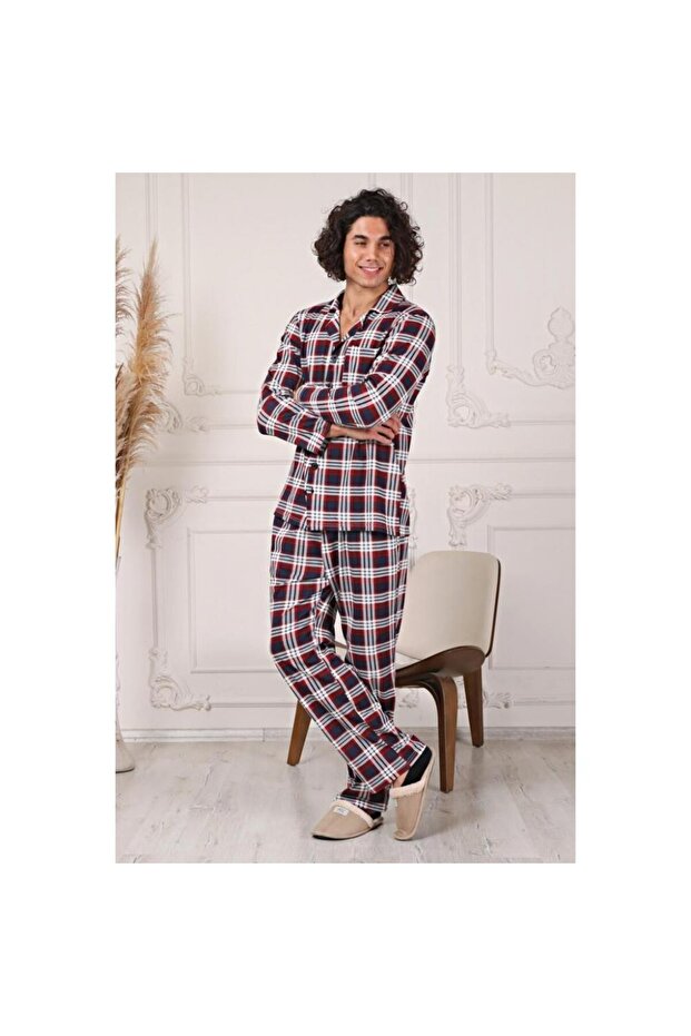 Plaid Patterned Buttoned Shirt Collar Pajama Set - 2