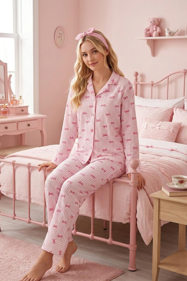 Pink Striped Ribbon Patterned Crinkled Fabric Long Sleeve Pajama Set 6069