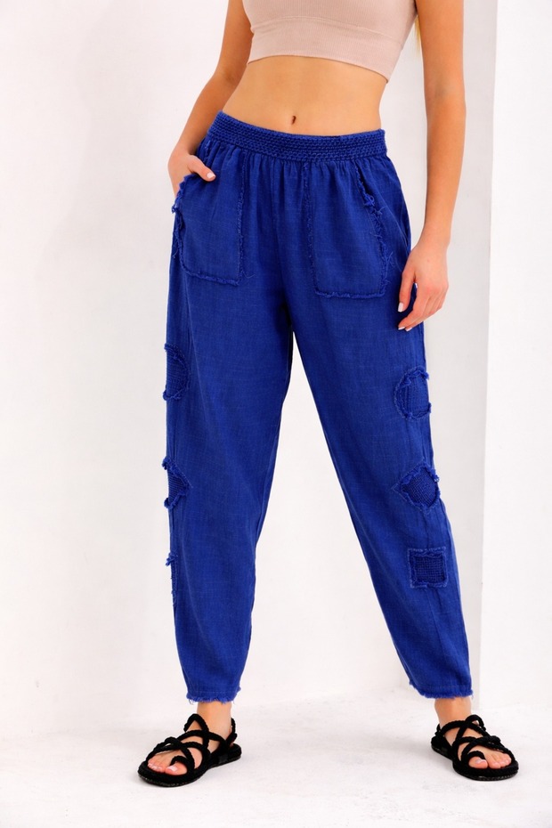 Women's Cobalt Elastic Waist Mesh Detailed Linen Pants Nj121