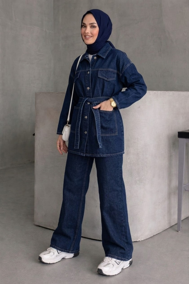 Women's Belted Denim Hijab Suit - Navy Blue