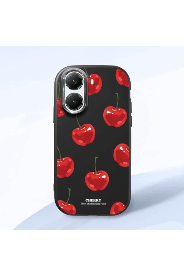 Poco X7 Pro Compatible Shock-Absorbing Camera Protected Black Silicone Case Cherry Patterned