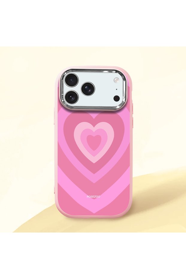 حافظة من السيليكون باللون الوردي متوافقة مع هاتف iPhone 17 Pro Max، مزودة بـ ماصّ للصدمات كاميرات لحماية الشكل، ونمط على شكل قلب
