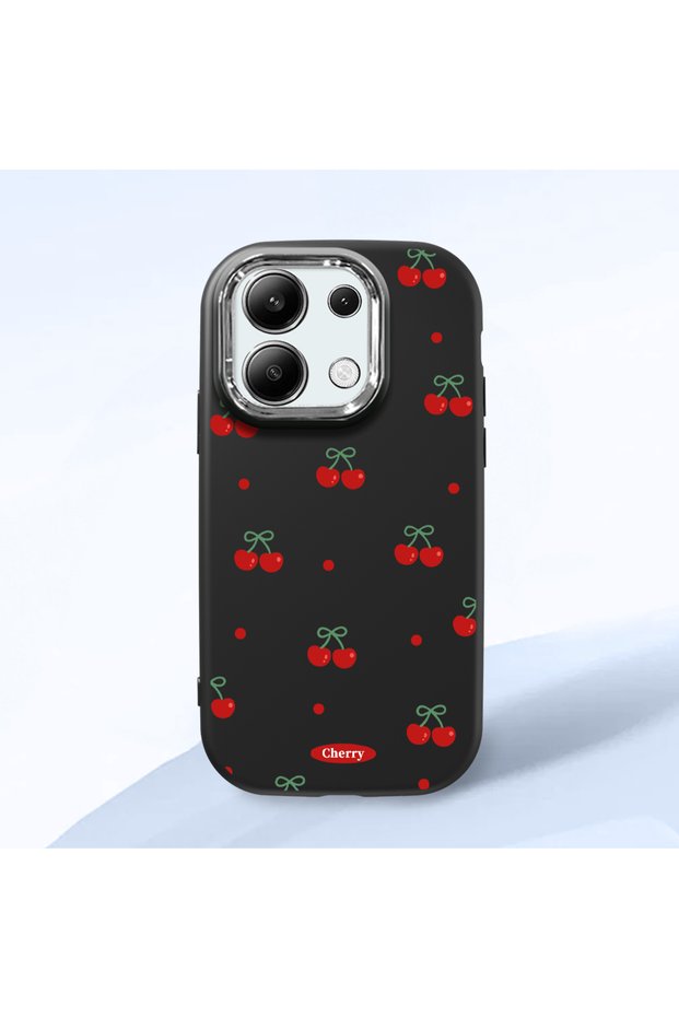 Redmi Note 13 4g Compatible Shock-Absorbing Camera Protected Black Silicone Case Cherry Patterned