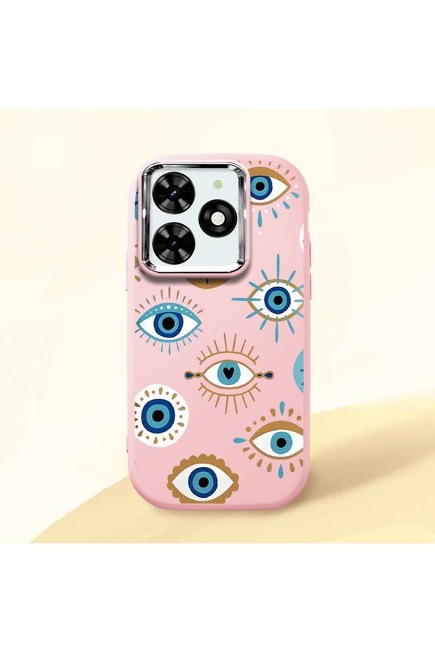 Tecno Spark Go 2024(Bg6) Compatible Shock-Absorbing Camera Protected Pink Silicone Case Evil Eye Glass
