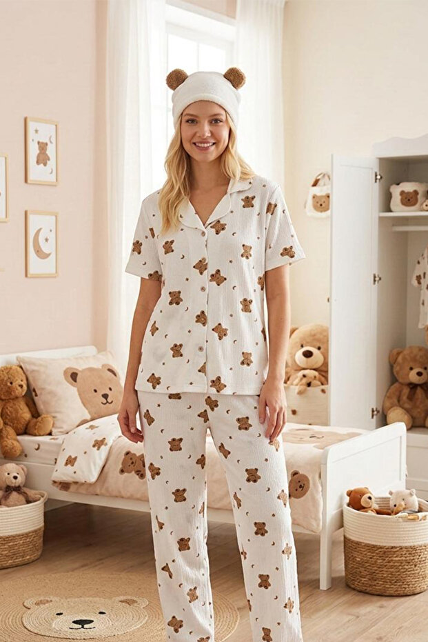FİT WOMEN Ayıcık Desenli Bürümçük kumaş Kısa Kollu Pijama Takımı 6068