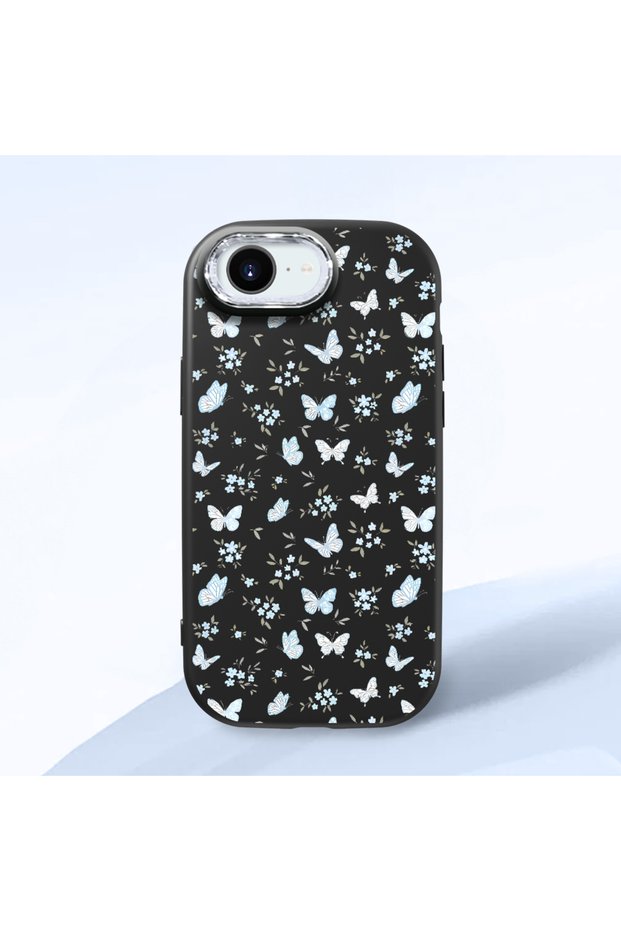 iPhone 16E Compatible Shock-Absorbing Camera Protected Black Silicone Case Butterfly Patterned