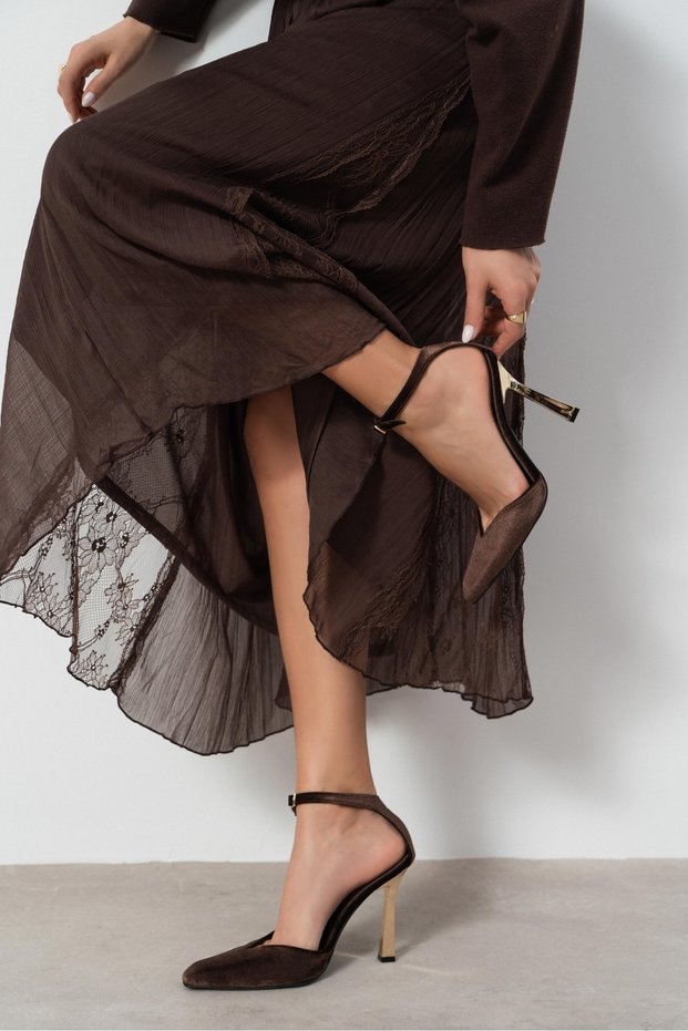 Vibe Kahve Velvet Ankle Strap Women's Gold Galvanized Heeled Shoes