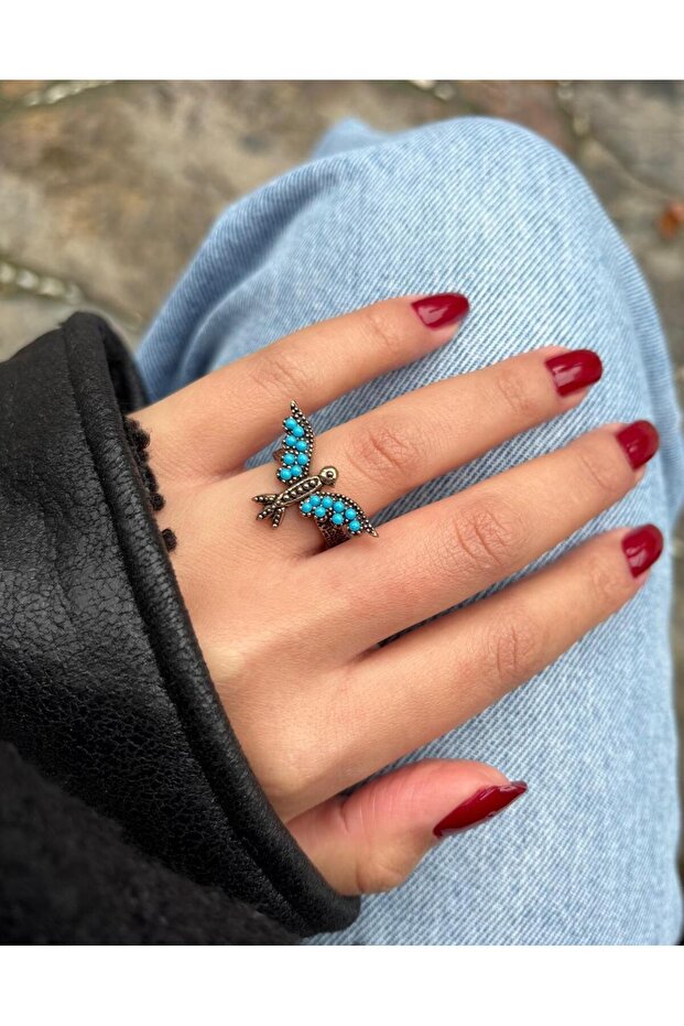 Bohemian Style Blue Beaded Swallow Bird Design Adjustable Ring