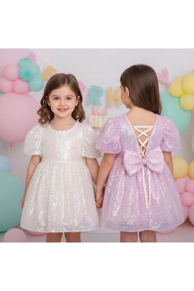 Girl's Sequined Lined Balloon Sleeve Party Dress