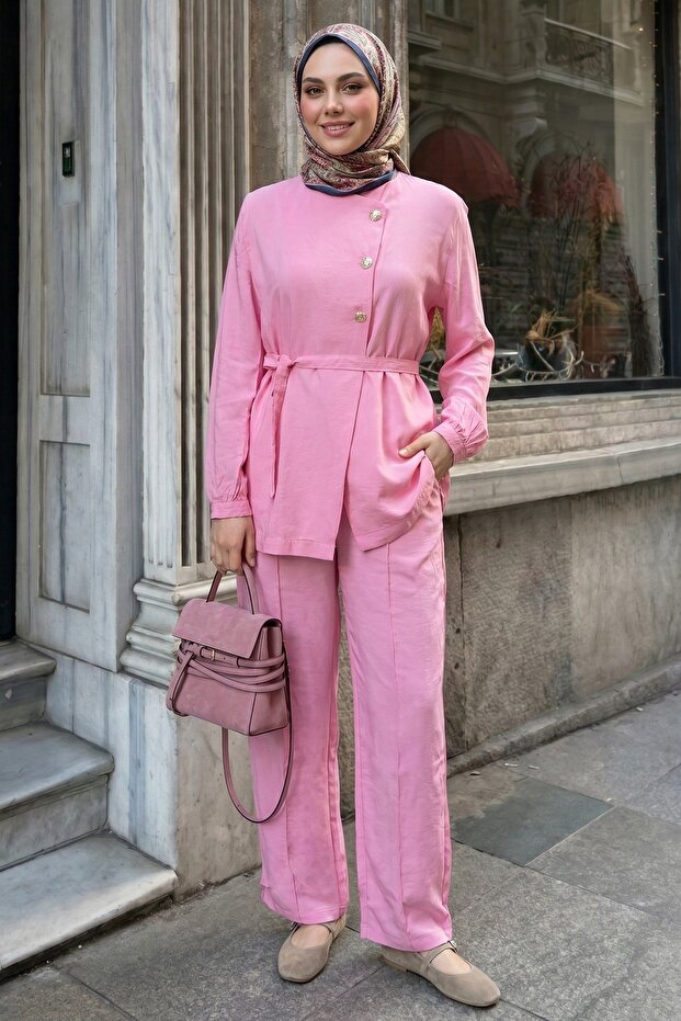 Three-Button Belted Pink Modal Set - 3