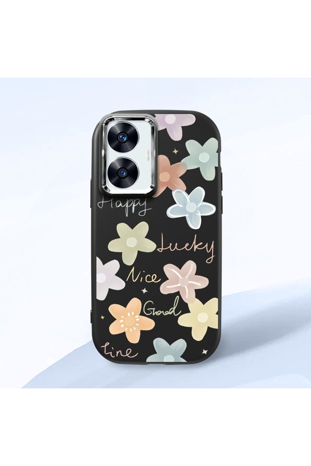 Realme C55 Compatible Shock-Absorbing Camera Protected Black Silicone Case Floral Print