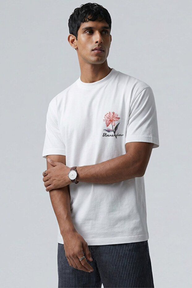 Men's Oversized T-Shirt Soft Bloom Printed White – Crew Neck, Couple, Comfortable Fit, 100% Cotton