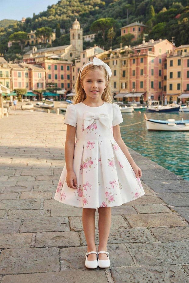 Girl's Flower and Ribbon Patterned Bow Dress and Hair Band Holiday - Birthday - Party Dress