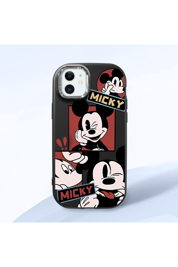 iPhone 12 Mini Compatible Black Silicone Case with Shock-Absorbing Camera Protections Mickey Patterned