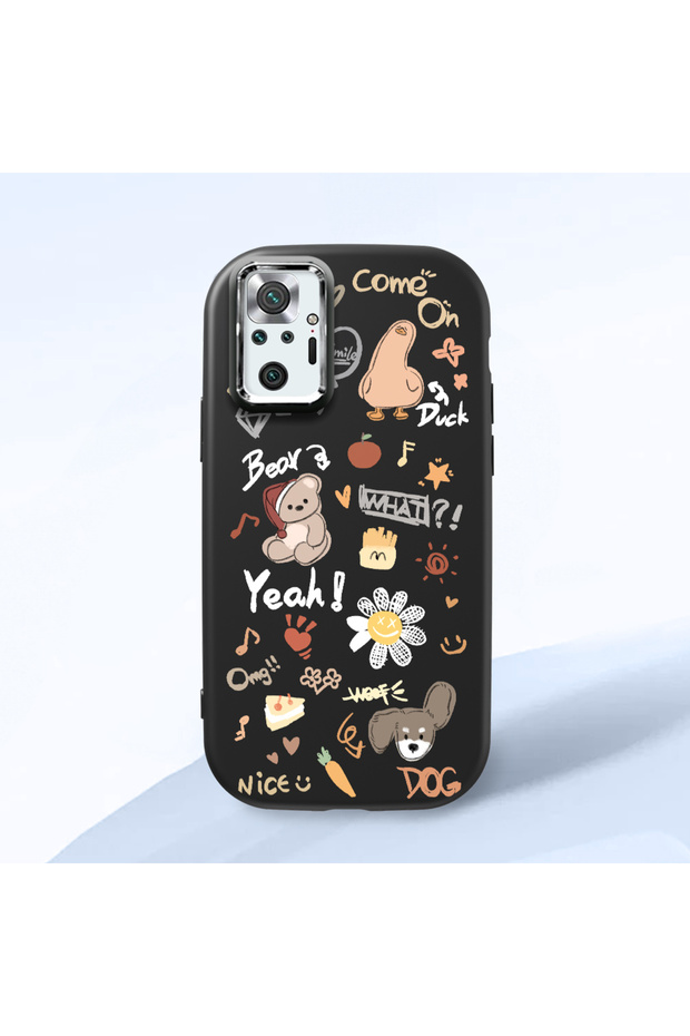 Redmi Note 10 Pro Compatible Shock-Absorbing Camera Protected Black Silicone Case Stylish Print