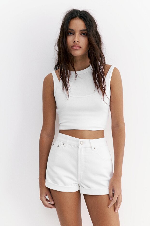 Mom fit paçası kıvrık denim şort - 1