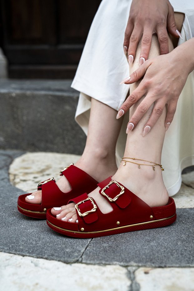 Women's Double Buckled Gold Detailed Comfortable Casual Summer Shoes Slipper