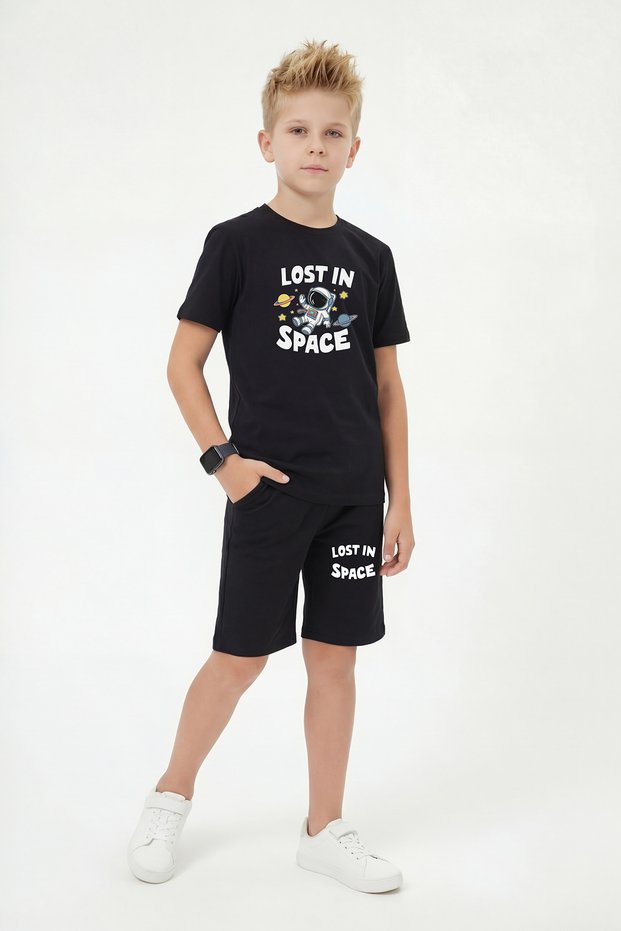 Round Neck T-Shirt with Colorful Capri Print Detail for Boys Bottom-Top Set