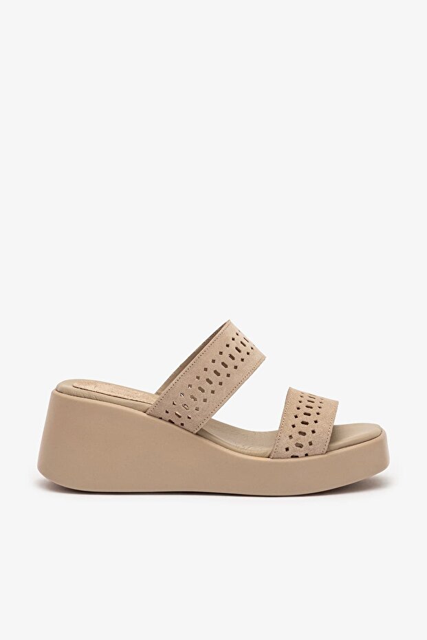 Elvin Beige Suede Leather Women Wedge Heel Slipper