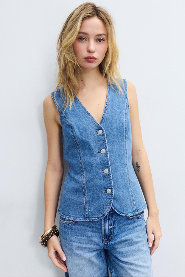 Vücuda oturan denim üst - 3