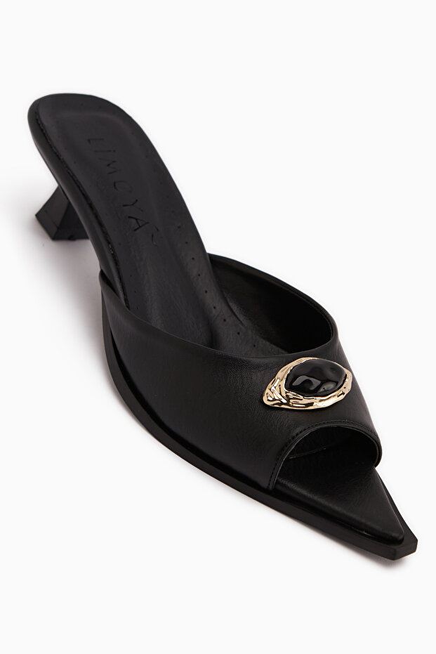 Dania Black Buckled Short Heeled Women's Shoes Slipper