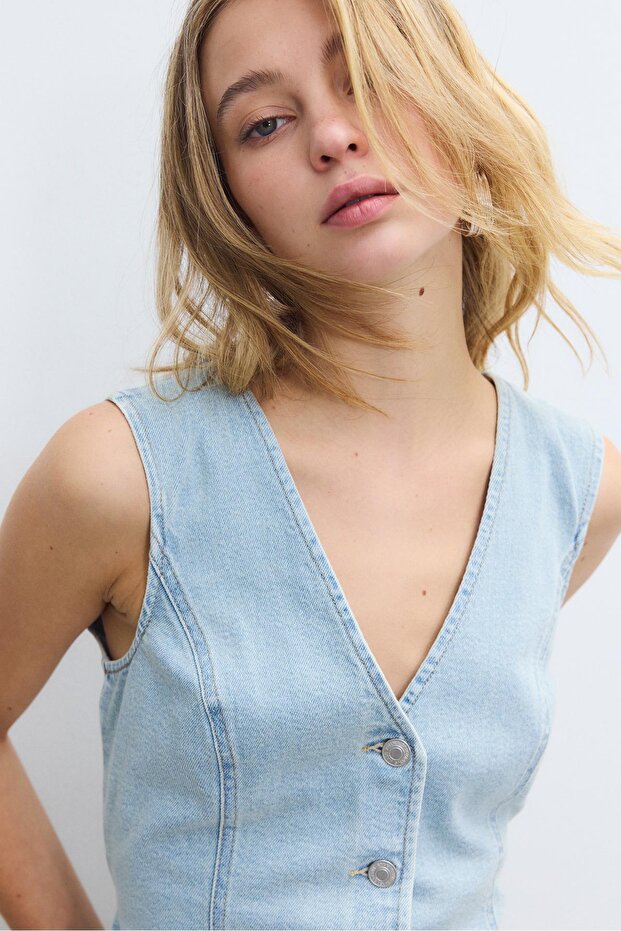 Vücuda oturan denim üst - 4