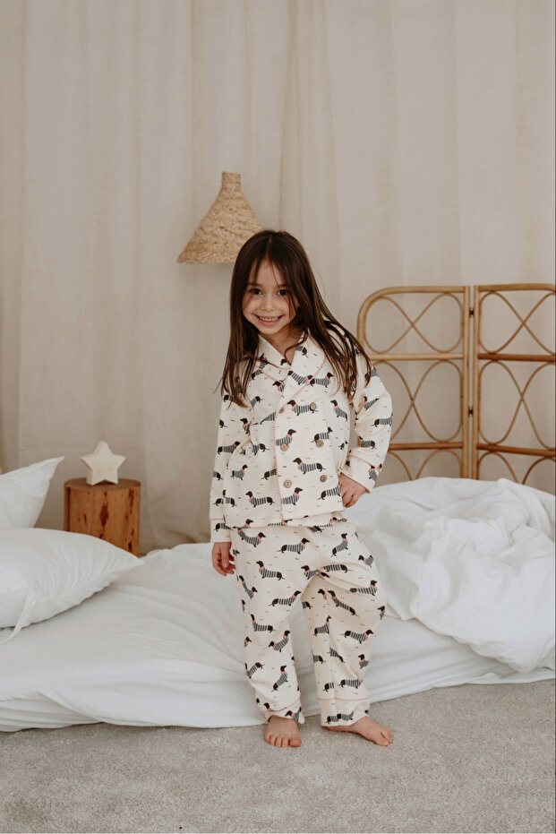 Dog Printed Collar Detail Children's Pajama Set