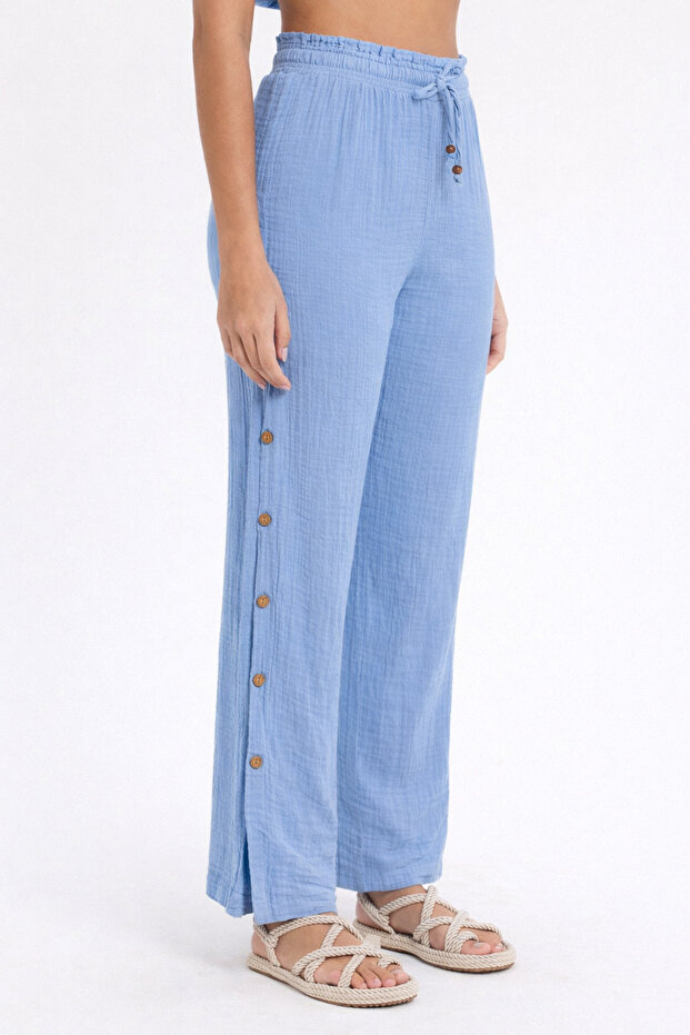 Muslin Trousers - Muslin Wide-Leg Trousers - Side Button Trousers - 2100