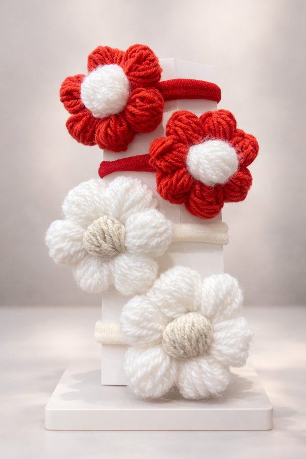 Girl's Handmade Knitted Flower Hair Clip – Rubber Hair Clip Set of 4