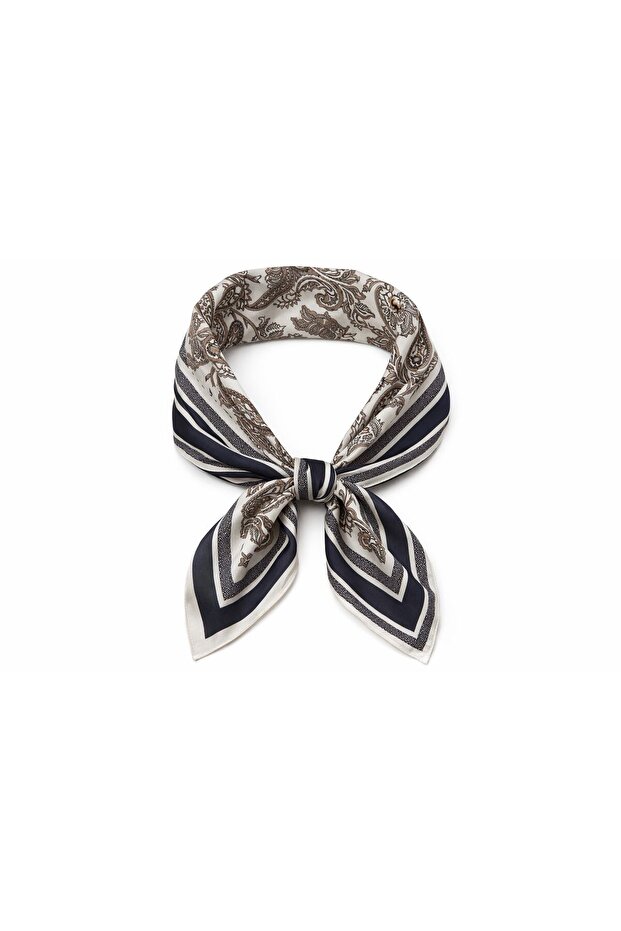 Women's Black Ethnic Patterned Satin Scarf 70X70