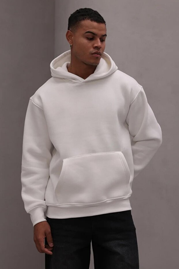 Men's Ecru Hooded Three Thread Basic Sweatshirt - 2