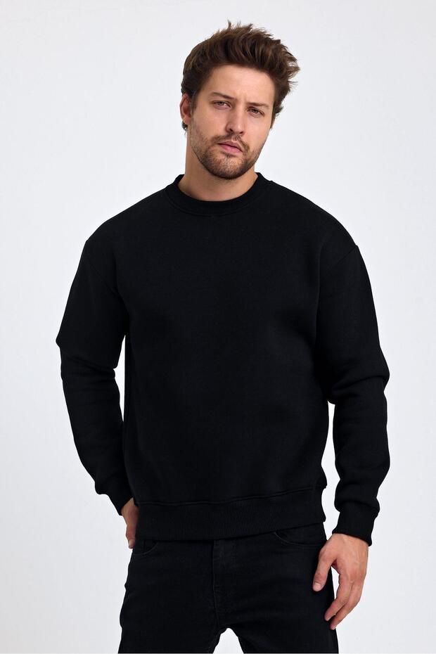 Men's Black Crew Neck Three Thread Basic Sweatshirt - 2