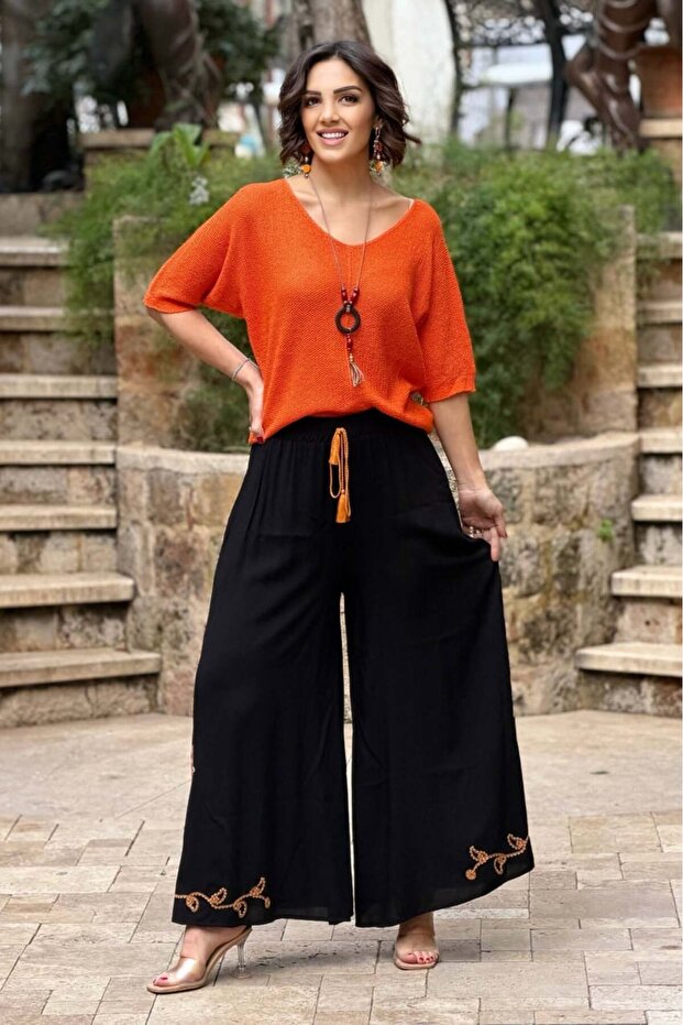 Black Orange Embroidered Trouser Skirt
