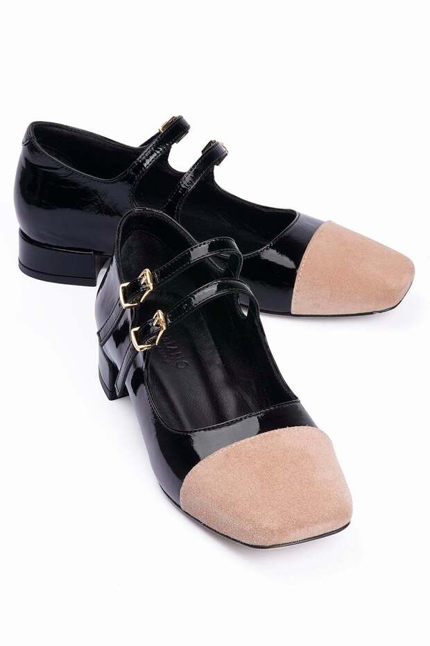 Women's Patent Leather Leather Ballet Flats Square Toe Nude Suede Detailed Double Buckled Casual Shoes Clara Black