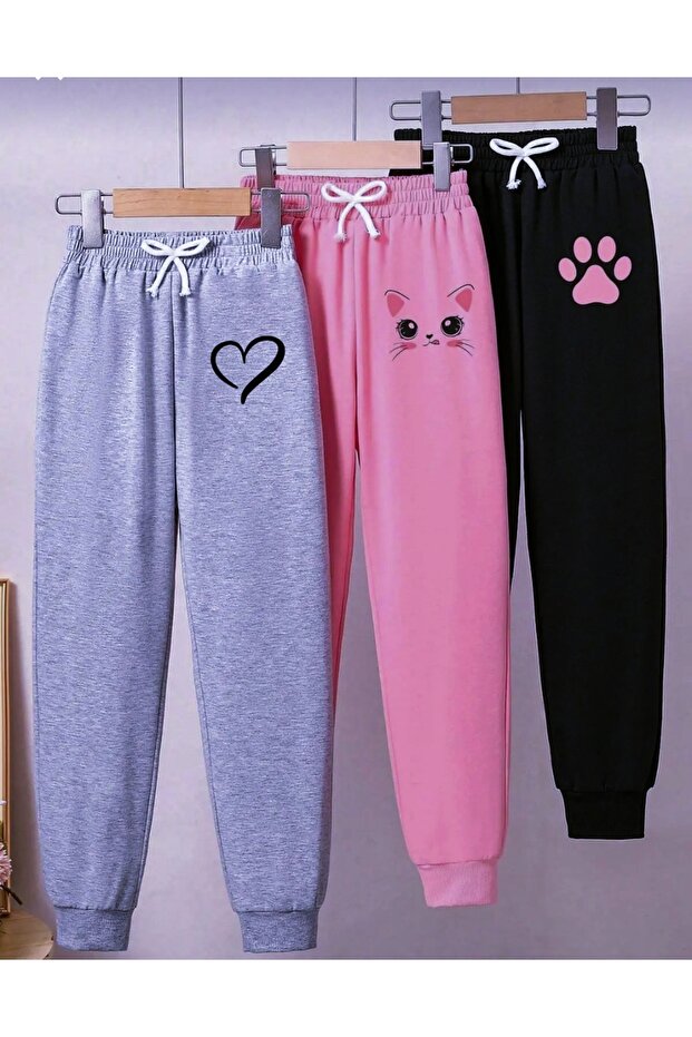 Heart, Cat, Paw Printed 3-Piece Girls' Tracksuit with Elastic Cuffs