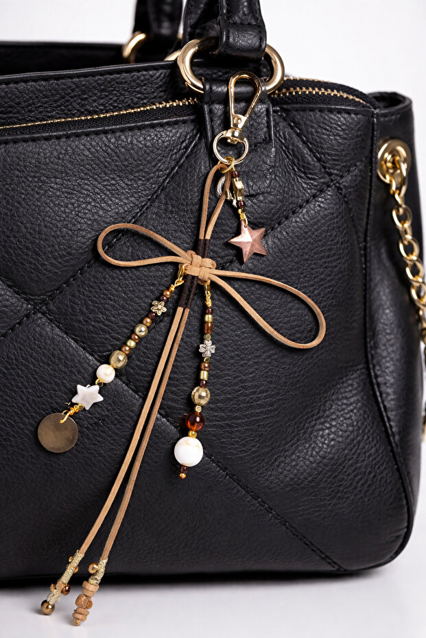 Handmade Lucky Knot Suede Drawstring Gold Detailed Bag Charm Keychain Black and Beige Color Option