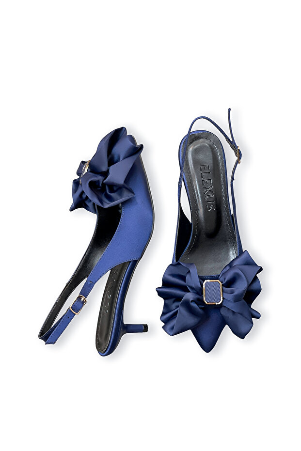 Women's Satin Bowknot Gold Detailed Medium Heel Stiletto