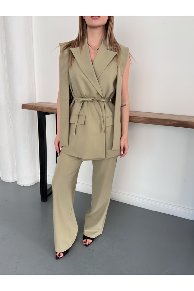 Tie-Detail Belted Blazer Vest Set Pant Suit