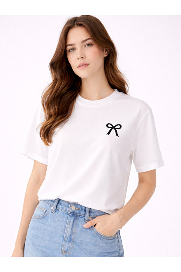 Women's White Oversized Kurdale Printed Stylish T-Shirt with Cotton Ribbons