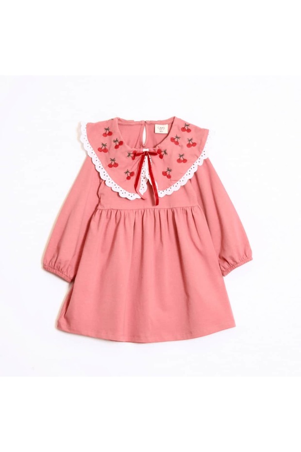 Girls' Dress with Cherry Embroidered Collars
