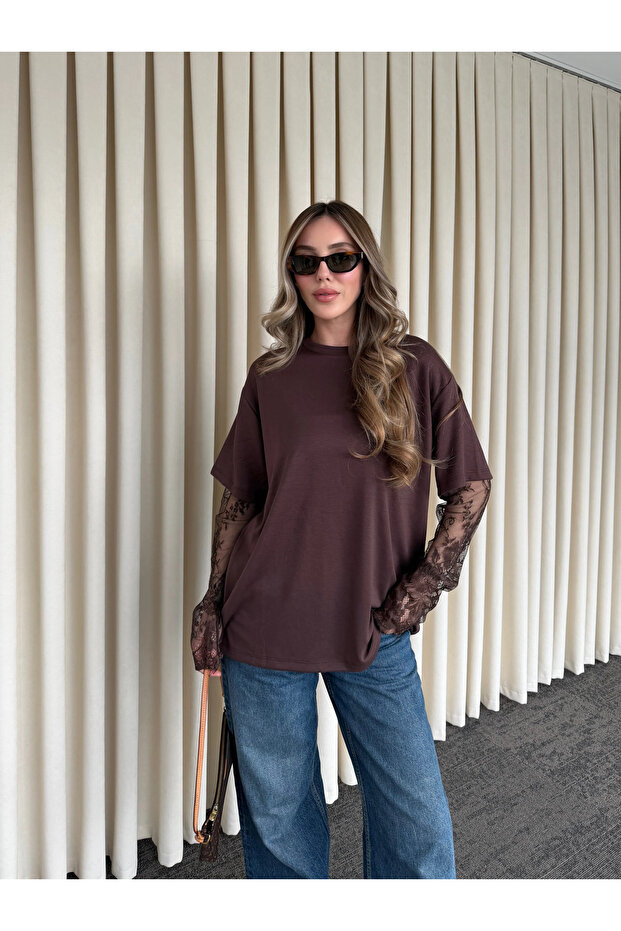 Brown Lace-Sleeve Blouse - 1049