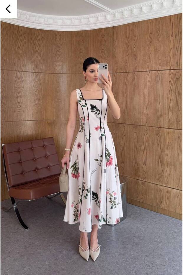Black Piped Square Neck Floral Print A-Line Midi Length Dress
