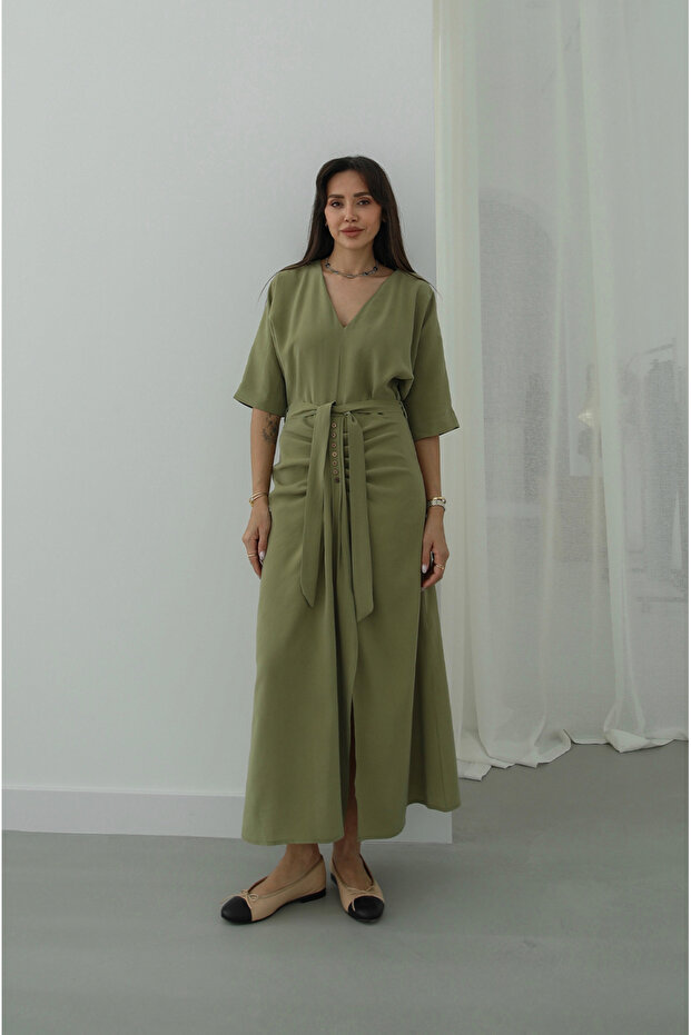 Green Belted Dress with Button Detail on the Front
