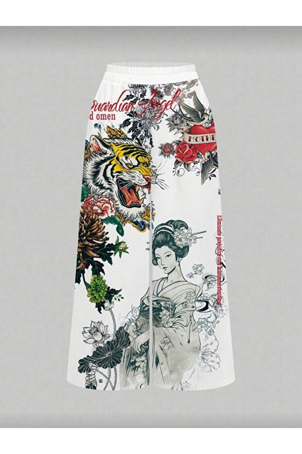 White Flower and Tiger Detailed Avant Digital Print Sweatpants