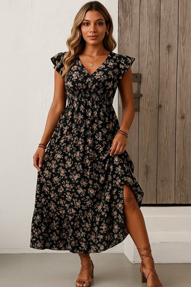 Women Short Sleeve Double Breasted Lapel Elastic Waist Floral Print Dress